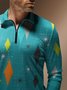 Mid Century Color Block Geometric Zip Long Sleeve Casual Polo Shirt
