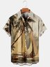 Mens Hawaiian Leaves Print Lapel Loose Chest Pockets Short Sleeve Funky Aloha Shirt