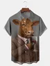 Cow Drinking Red Wine Chest Pocket Short Sleeve Casual Shirt