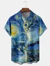 Oil Painting Cat Chest Pocket Short Sleeve Shirt