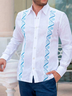 Geometric Floral Stripe Chest Pocket Long Sleeve Guayabera Shirt