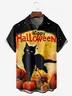 Halloween Black Cat Chest Pocket Short Sleeve Casual Shirt