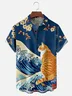 Moisture-wicking Japanese Ukiyoe Wave Orange Cat Chest Pocket Hawaiian Shirt