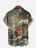 Moisture Wicking Ukiyo-e Surf Cat Chest Pocket Hawaiian Shirt