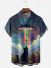 Moisture-wicking Rainbow Cat Starry Sky Flowers Chest Pocket Casual Shirt
