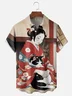 Moisture-wicking American Retro Japanese Geisha Cat Art Painting Chest Pocket Casual Shirt