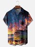 Moisture-Wicking Outdoor Gradient Color Seaside Scene Camper Bonfire Coconut Tree Chest Pocket Hawaiian Shirt